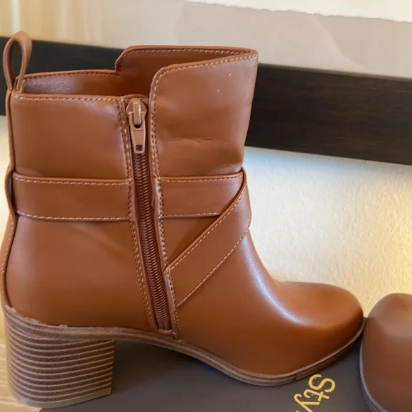 NIB, Style & Co. Rosaliee Belt Booties in Vegan Cognac Leather. - Picture 8 of 11